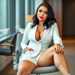 A beautiful 18-year-old curvaceous woman with black hair and light blue eyes, sitting elegantly on a chair in a stylish office setting