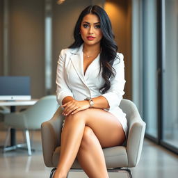 A beautiful 18-year-old curvaceous woman with black hair and light blue eyes, sitting elegantly on a chair in a stylish office setting