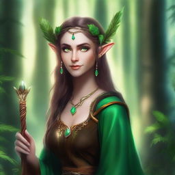 A high-quality digital art piece showcasing a female druid elf