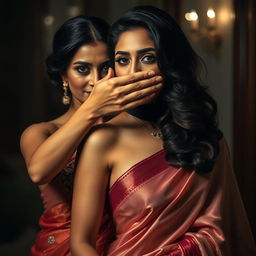 A sultry scene featuring a woman in a sexy, beautifully designed saree, rich in color and texture