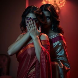A sultry scene featuring a woman in a sexy, beautifully designed saree, rich in color and texture