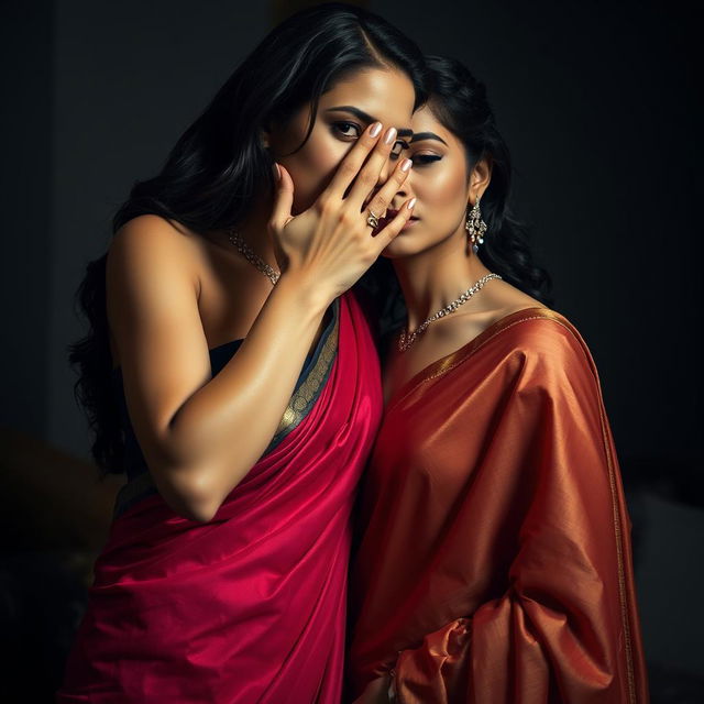 A sultry scene featuring a woman in a sexy, beautifully designed saree, rich in color and texture