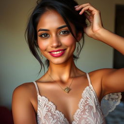 A skinny and attractive Bengali woman with fair skin, embodying a Zen G model look