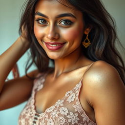A skinny and attractive Bengali woman with fair skin, embodying a Zen G model look