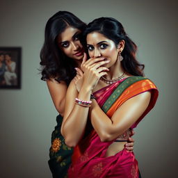 A dramatic scene depicting a glamorous woman wearing a beautiful, traditional saree