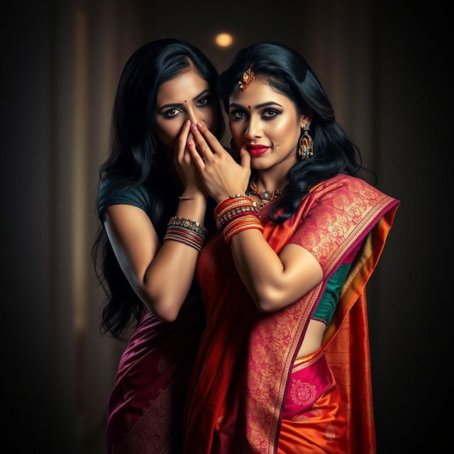 A dramatic scene depicting a glamorous woman wearing a beautiful, traditional saree