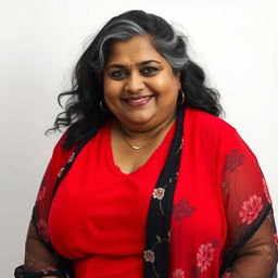 A plus-size, attractive Bengali mother-in-law with fair skin, exuding elegance and charm
