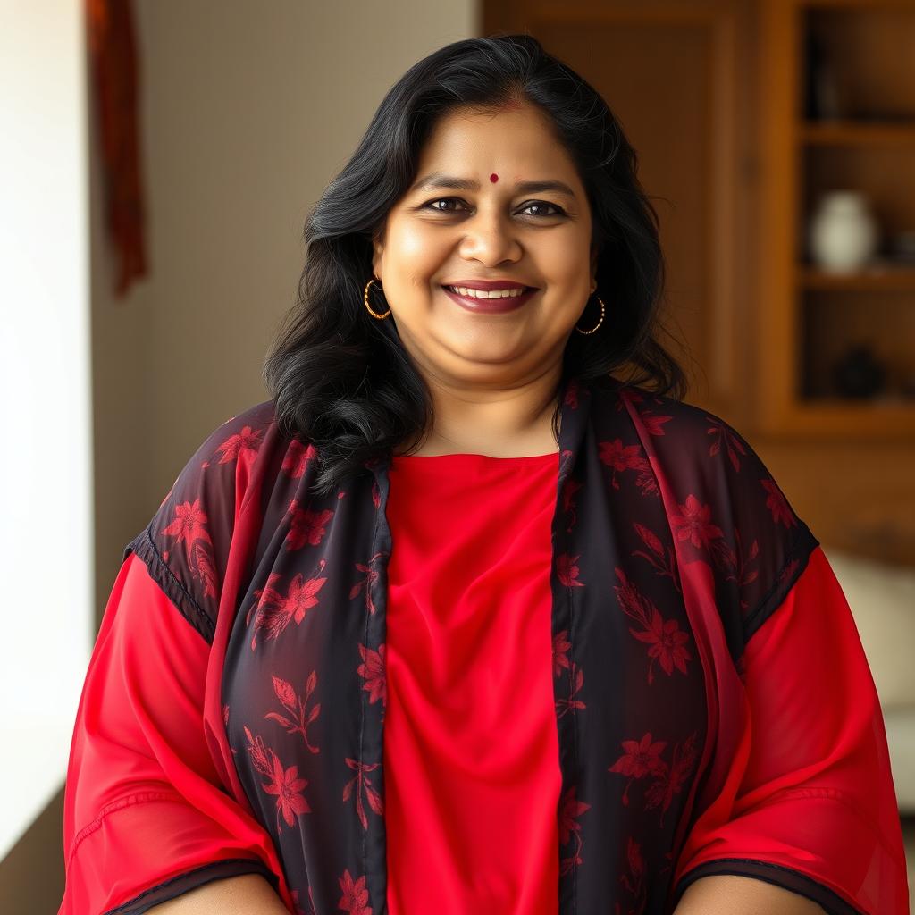 A plus-size, attractive Bengali mother-in-law with fair skin, exuding elegance and charm