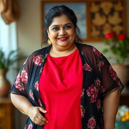 A plus-size, attractive Bengali mother-in-law with fair skin, exuding elegance and charm