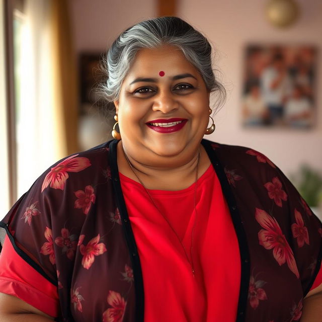 A plus-size, attractive Bengali mother-in-law with fair skin, exuding elegance and charm