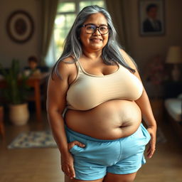 A mature Bengali woman, 45 years old, with fat, buxom, and voluptuous features including large breasts, very wide hips, and a sagging belly