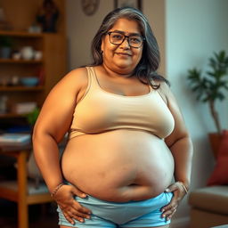 A mature Bengali woman, 45 years old, with fat, buxom, and voluptuous features including large breasts, very wide hips, and a sagging belly