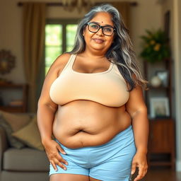 A mature Bengali woman, 45 years old, with fat, buxom, and voluptuous features including large breasts, very wide hips, and a sagging belly