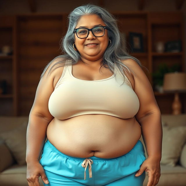 A mature Bengali woman, 45 years old, with fat, buxom, and voluptuous features including large breasts, very wide hips, and a sagging belly