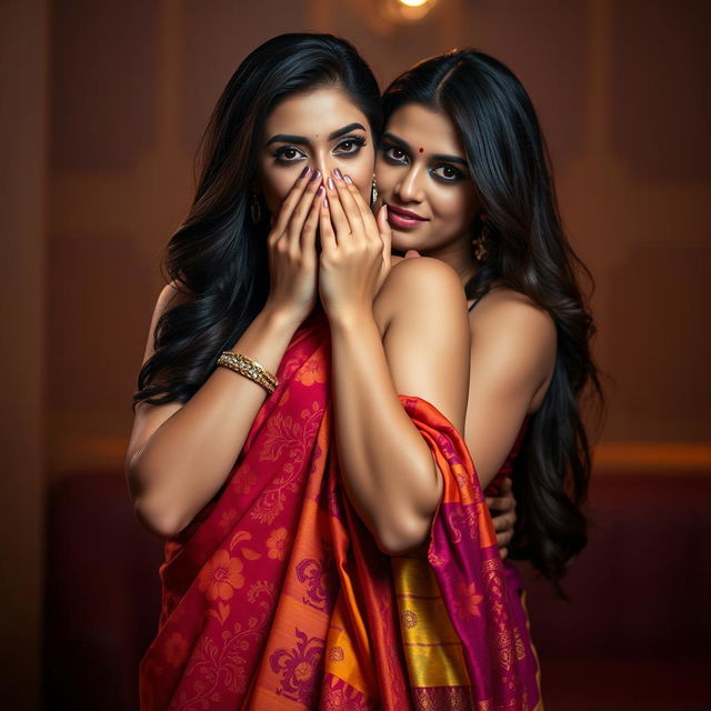 A striking image of a sexy woman in a stunning saree, featuring vibrant colors and intricate patterns