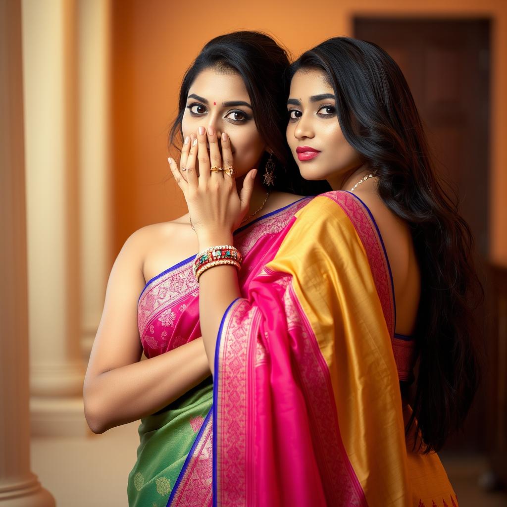 A striking image of a sexy woman in a stunning saree, featuring vibrant colors and intricate patterns