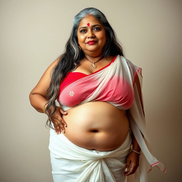 A mature Bengali SSBBW woman aged 45, embodying a fat, buxom, and voluptuous figure