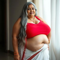 A mature Bengali SSBBW woman aged 45, embodying a fat, buxom, and voluptuous figure