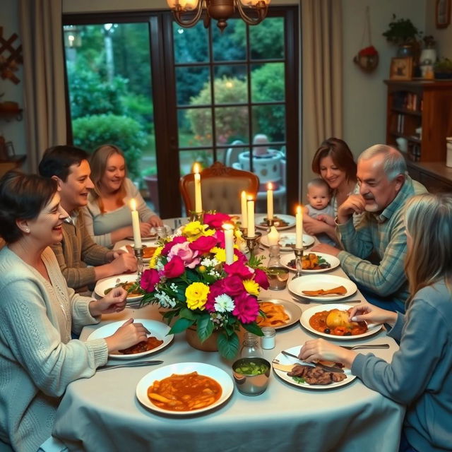 A warm and cozy family gathering around a beautifully set dining table filled with a variety of delicious dishes