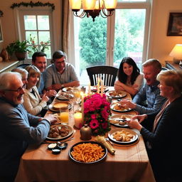 A warm and cozy family gathering around a beautifully set dining table filled with a variety of delicious dishes