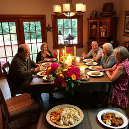 A warm and cozy family gathering around a beautifully set dining table filled with a variety of delicious dishes
