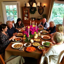 A warm and cozy family gathering around a beautifully set dining table filled with a variety of delicious dishes