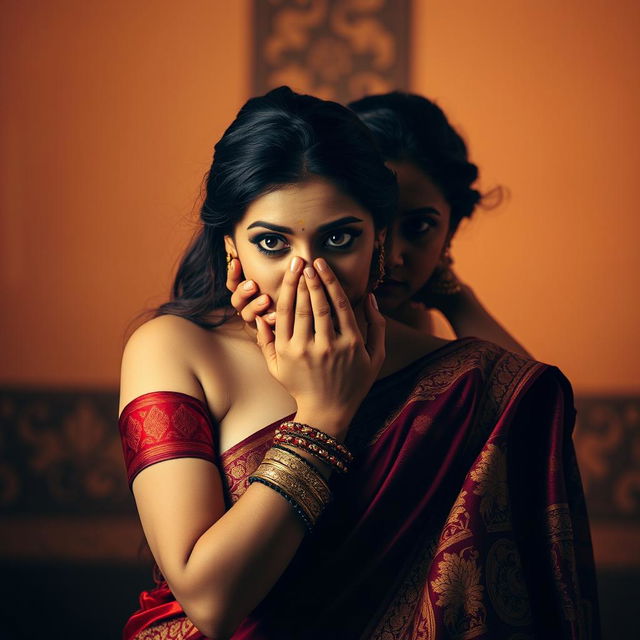 An arresting image of a sensually styled woman in an alluring saree, intricately designed with rich colors and textures