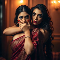 An arresting image of a sensually styled woman in an alluring saree, intricately designed with rich colors and textures