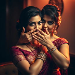 An arresting image of a sensually styled woman in an alluring saree, intricately designed with rich colors and textures