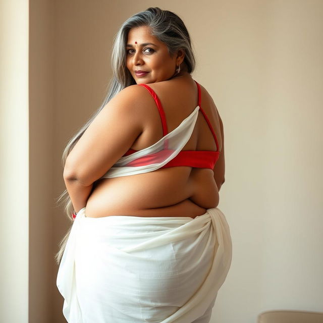 A mature Bengali woman aged 45, characterized as SSBBW, showcasing her fat, buxom, and voluptuous figure