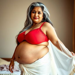 A mature Bengali woman aged 45, characterized as SSBBW, showcasing her fat, buxom, and voluptuous figure