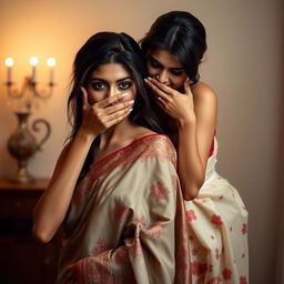 An alluring scene featuring a sexy woman draped in a beautifully designed saree, adorned with intricate patterns and vibrant colors