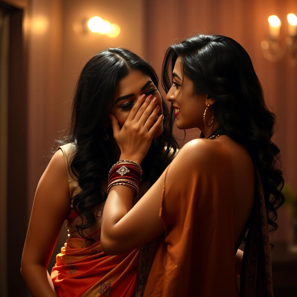 An enticing scene featuring a sexy woman adorned in a beautifully draped saree, rich in vibrant colors and intricate designs