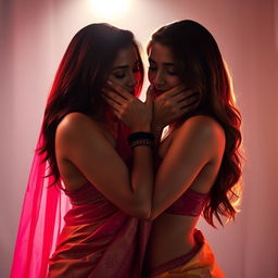 An enticing scene featuring a sexy woman adorned in a beautifully draped saree, rich in vibrant colors and intricate designs