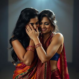 An enticing scene featuring a sexy woman adorned in a beautifully draped saree, rich in vibrant colors and intricate designs