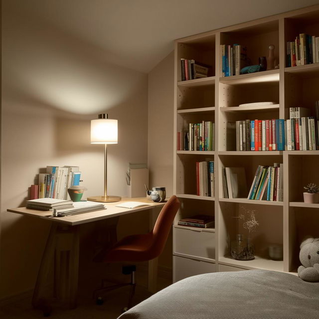 A cozy, well-lit bedroom featuring a comfortable study area with a neat desk, a chair, a laptop, bookshelves filled with various books, and a table lamp.