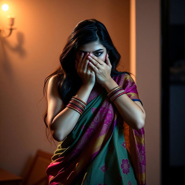 An enticing scene featuring a sexy woman adorned in a beautifully draped saree, rich in vibrant colors and intricate designs