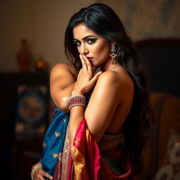 An intriguing scene featuring a sexy woman elegantly draped in a stunning saree, adorned with vibrant colors and exquisite patterns