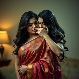 An intriguing scene featuring a sexy woman elegantly draped in a stunning saree, adorned with vibrant colors and exquisite patterns