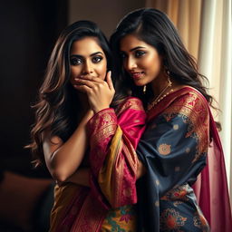 An intriguing scene featuring a sexy woman elegantly draped in a stunning saree, adorned with vibrant colors and exquisite patterns