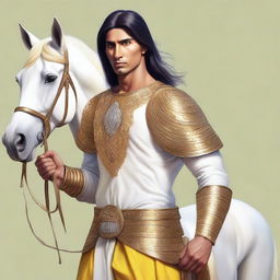 A hyper-realistic portrait of a young, lean Indian man, with fair skin, slightly longer neat hair, dressed in simple casual Indian royal attire of yellow or golden hue, gripping a lifelike diamond sword, standing next to a majestic white horse adorned with golden armor