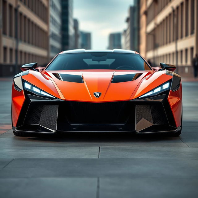 A striking image of a Russian boxy supercar, designed with bold geometric shapes and sharp lines that convey a powerful and aggressive stance