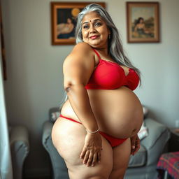 A mature Bengali housewife SSBBW woman aged 45, showcasing her fat, buxom, and voluptuous figure