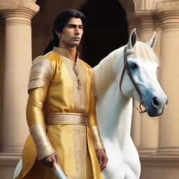 A hyper-realistic portrait of a young, lean Indian man, with fair skin, slightly longer neat hair, dressed in simple casual Indian royal attire of yellow or golden hue, gripping a lifelike diamond sword, standing next to a majestic white horse adorned with golden armor