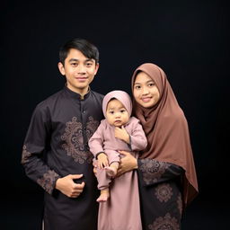 A young Indonesian family posing in a photo studio against a black background