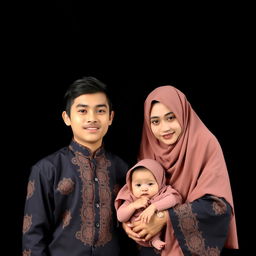 A young Indonesian family posing in a photo studio against a black background