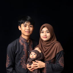 A young Indonesian family posing in a photo studio against a black background