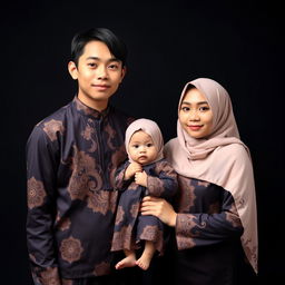 A young Indonesian family posing in a photo studio against a black background