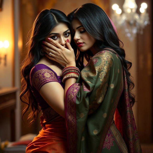 An enchanting scene featuring a sexy woman wearing an intricately designed saree, rich with vibrant colors and beautiful patterns