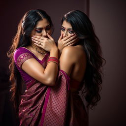 An enchanting scene featuring a sexy woman wearing an intricately designed saree, rich with vibrant colors and beautiful patterns